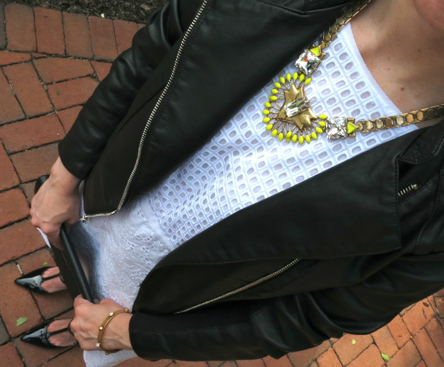 white eyelet dress, faux leather jacket, t-strap pumps, stella & dot pendant