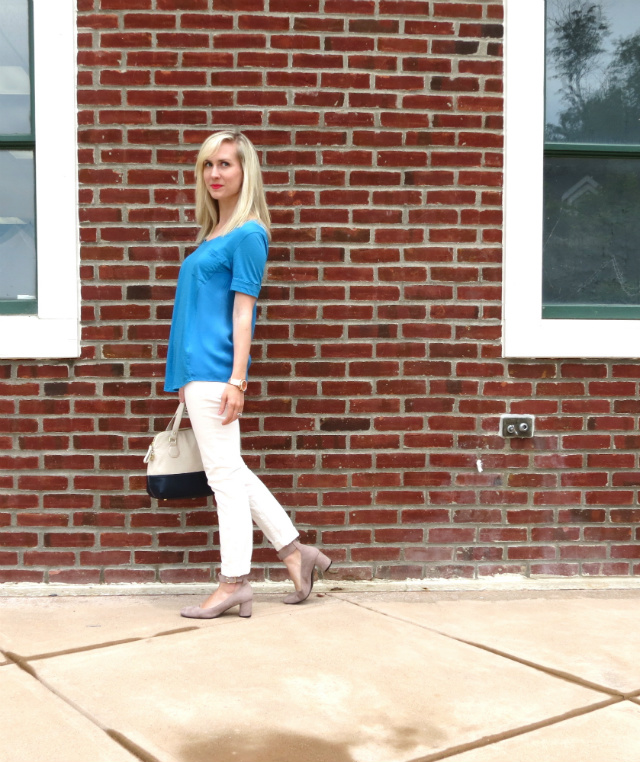 blue silk tee, white jeans, merona colorblock satchel, rose gold watch, kate spade knot ring