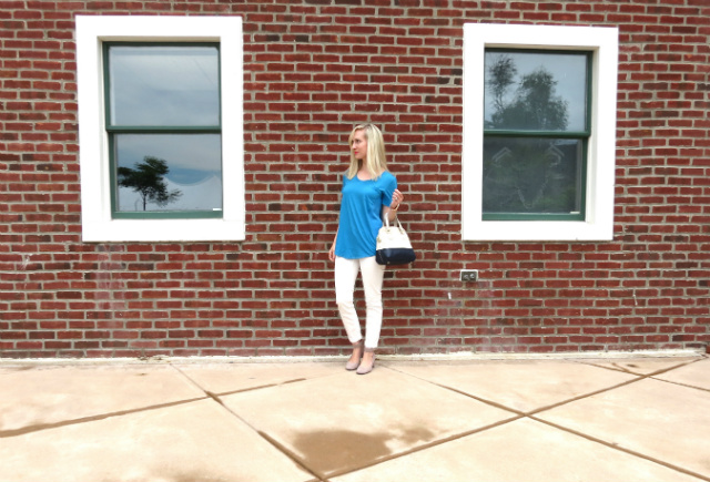 blue silk tee, white jeans, merona colorblock satchel, rose gold watch, kate spade knot ring