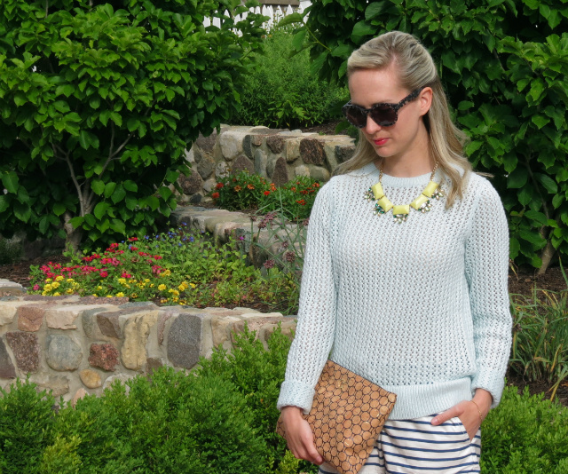 loft summer sweater, j crew striped shorts, max and chloe statement necklace, c wonder cork clutch