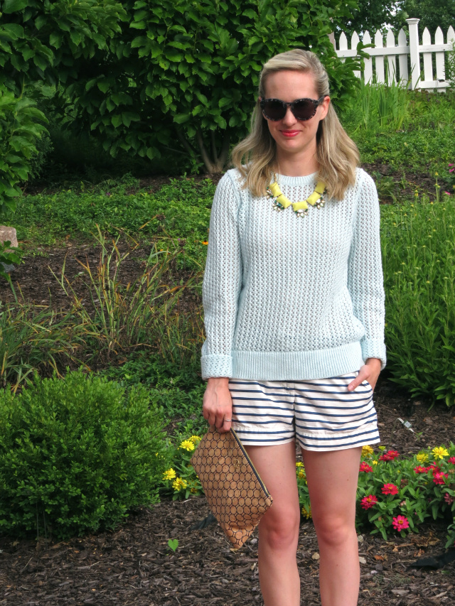 loft summer sweater, j crew striped shorts, max and chloe statement necklace, c wonder cork clutch