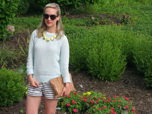 loft summer sweater, j crew striped shorts, max and chloe statement necklace, c wonder cork clutch