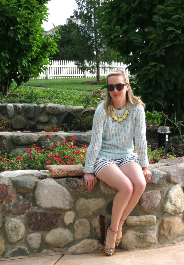 loft summer sweater, j crew striped shorts, max and chloe statement necklace, c wonder cork clutch