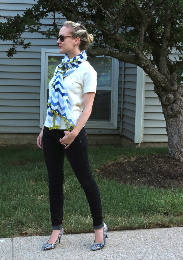 halogen summer scarf, embellished short sleeve sweatshirt, target snakeskin heels