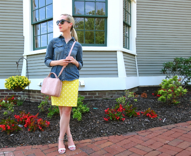 madewell chambray, ann taylor yellow pencil skirt, ann taylor nude sandals, kate spade knot ring, indianapolis style blog
