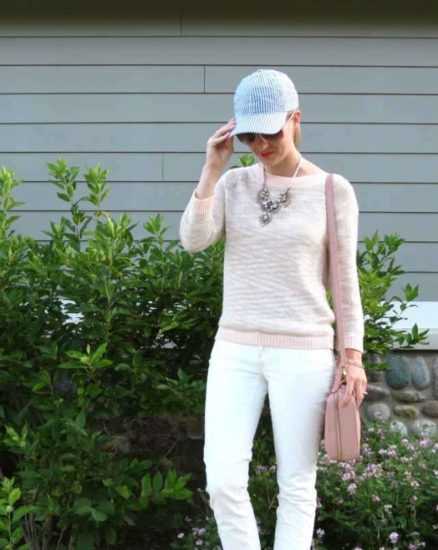 white jeans, summer sweater, statement necklace, j crew seersucker cap, blush