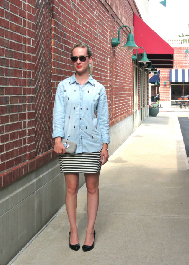 halogen embellished denim shirt, madewell striped mini skirt, bejeweled clutch, ann taylor bow pumps, indianapolis fashion blogger, saturday night outfit