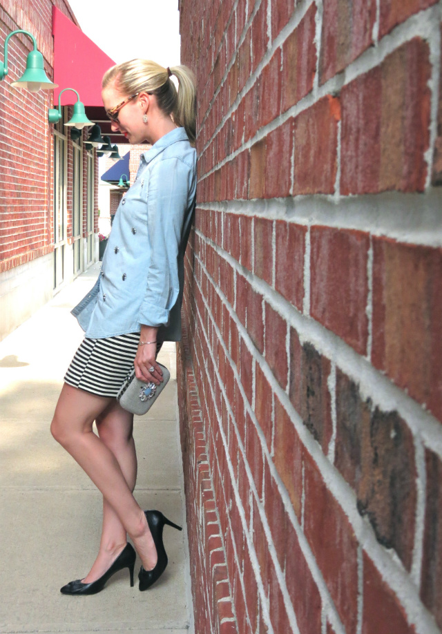 halogen embellished denim shirt, madewell striped mini skirt, bejeweled clutch, ann taylor bow pumps, indianapolis fashion blogger, saturday night outfit