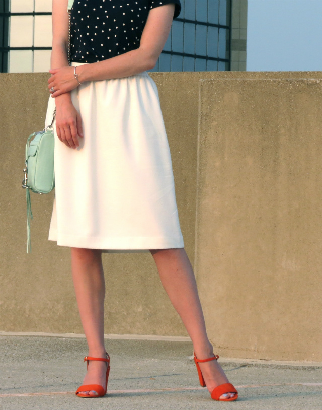 polka dot tee, white midi skirt, orange shoemint sandals, mint rebecca minkoff bag, pink mirrored ray bans