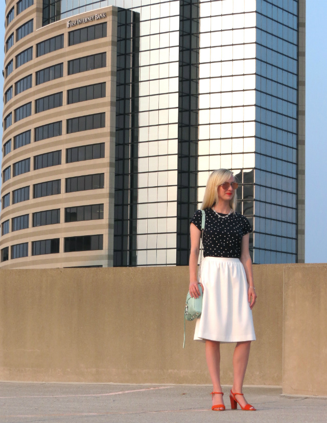 polka dot tee, white midi skirt, orange shoemint sandals, mint rebecca minkoff bag, pink mirrored ray bans