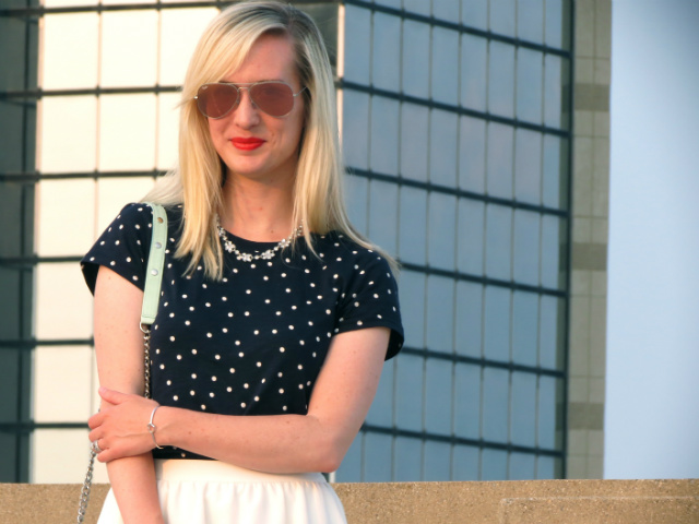 polka dot tee, white midi skirt, orange shoemint sandals, mint rebecca minkoff bag, pink mirrored ray bans