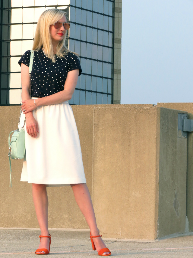 polka dot tee, white midi skirt, orange shoemint sandals, mint rebecca minkoff bag, pink mirrored ray bans