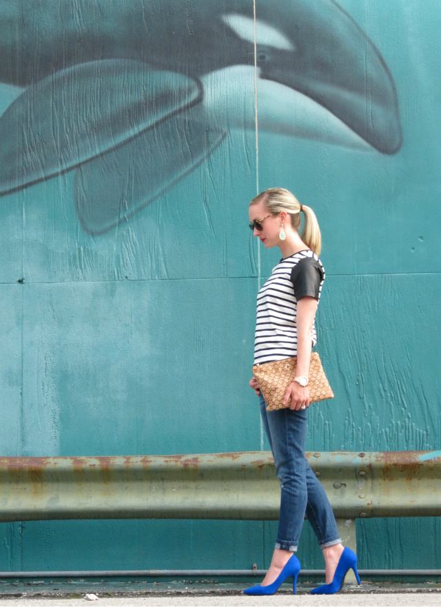 ann taylor leather sleeve striped shirt, cobalt pumps, c wonder cork clutch, modcloth statement earrings, joe's jeans, indianapolis fashion blogger