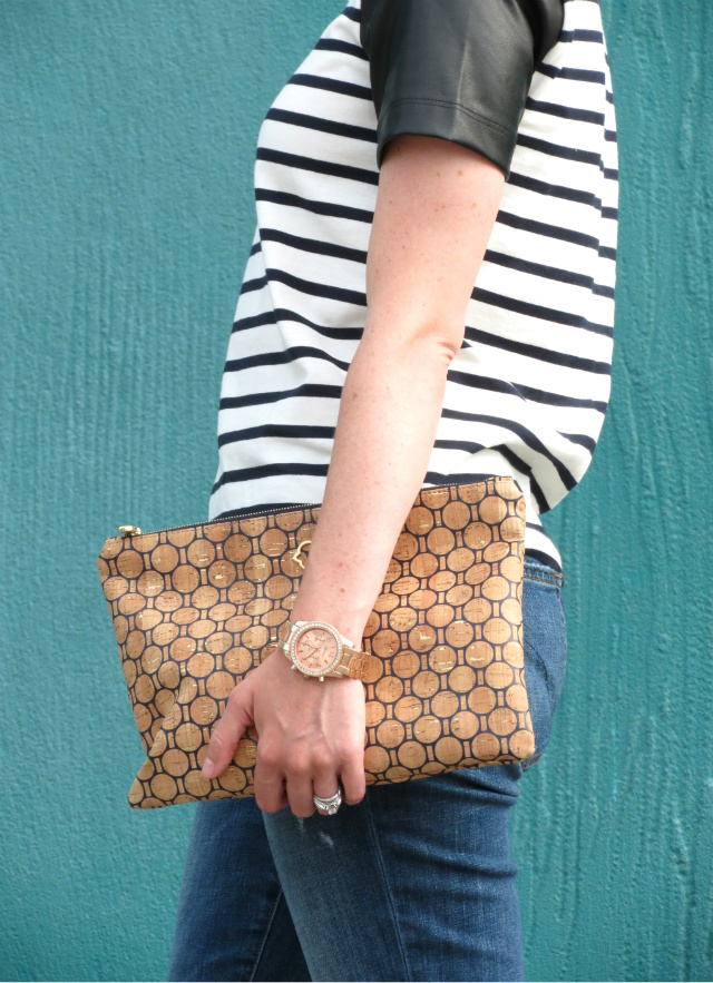 ann taylor leather sleeve striped shirt, cobalt pumps, c wonder cork clutch, modcloth statement earrings, joe's jeans, indianapolis fashion blogger