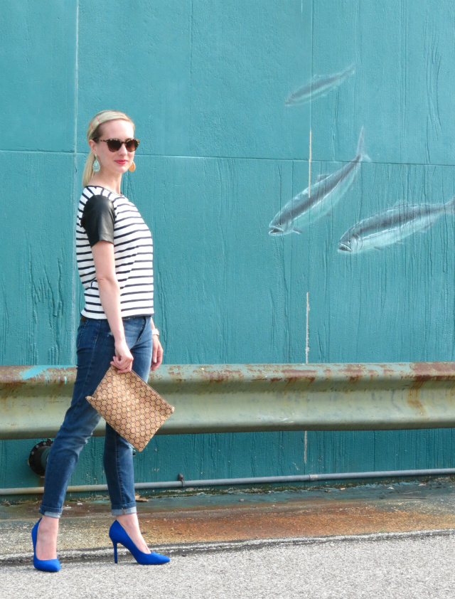 ann taylor leather sleeve striped shirt, cobalt pumps, c wonder cork clutch, modcloth statement earrings, joe's jeans, indianapolis fashion blogger