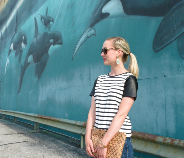 ann taylor leather sleeve striped shirt, cobalt pumps, c wonder cork clutch, modcloth statement earrings, joe's jeans, indianapolis fashion blogger