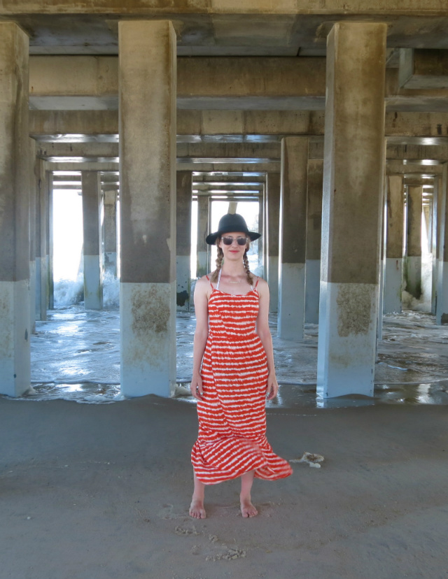tie dye beach dress, black panama hat, clear sunglasses, outer banks, beach outfit