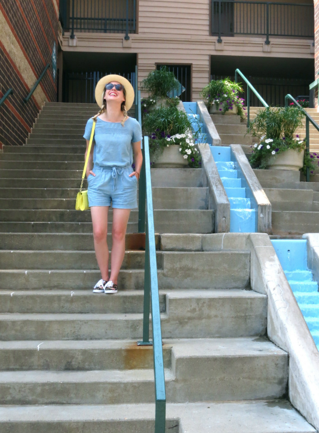 chambray romper, madewell hepcat sunglasses, floral sneakers, indianapolis style blog