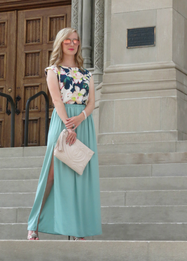 mint maxi skirt, j crew cove floral top, blush clutch, pink mirrored ray bans, gold sandals, wedding guest attire