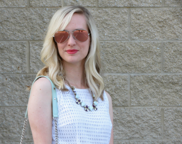 loft white eyelet dress, j crew statement necklace, mint rebecca minkoff mac bag, pink mirrored aviators, bridal shower outfit