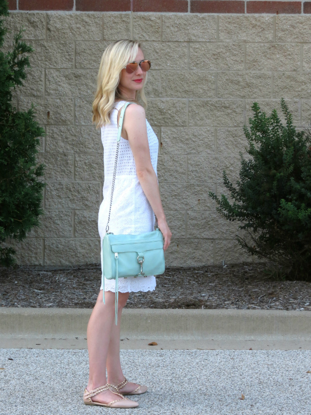 loft white eyelet dress, j crew statement necklace, mint rebecca minkoff mac bag, pink mirrored aviators, bridal shower outfit