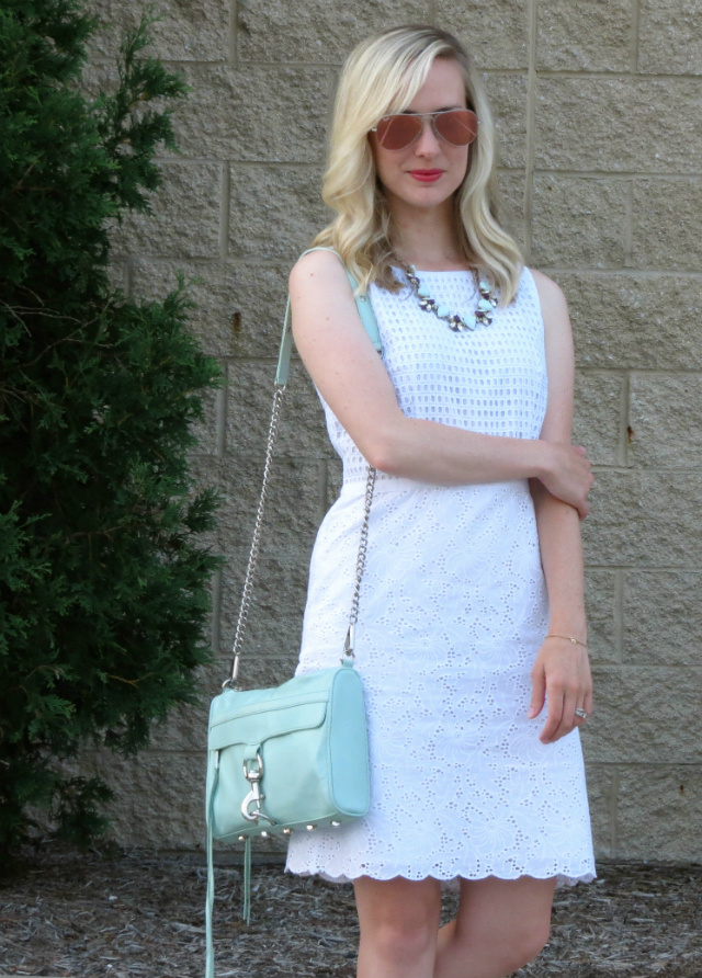 loft white eyelet dress, j crew statement necklace, mint rebecca minkoff mac bag, pink mirrored aviators, bridal shower outfit