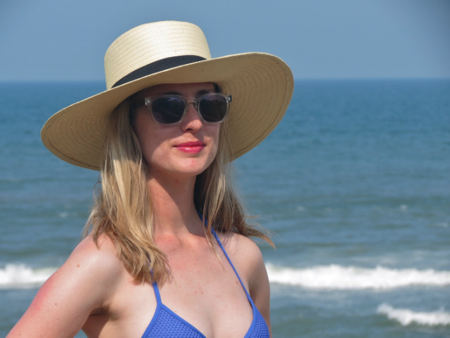 h&m bikini, high waist floral shorts, wide brim straw hat, clear sunglasses, beach outfit