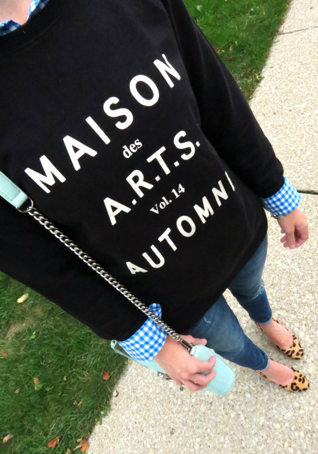 madewell french sweatshirt, j crew gingham shirt, joe's jeans, leopard pumps, rebecca minkoff mint bag, fall fashion 2014