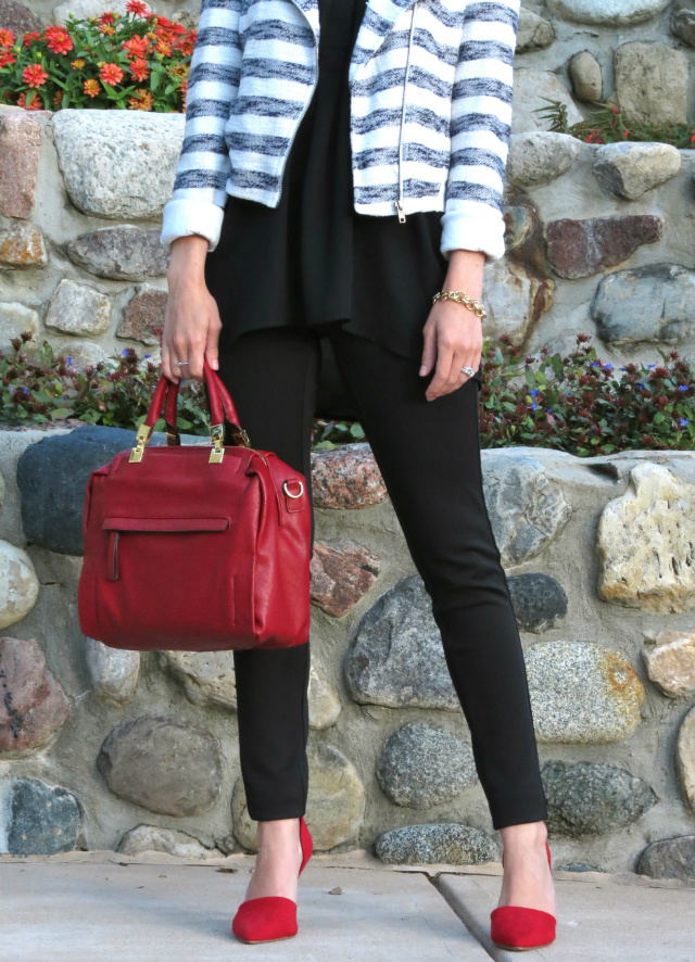 cropped sweater blazer, tunic, ponte pants, red d'orsay pumps