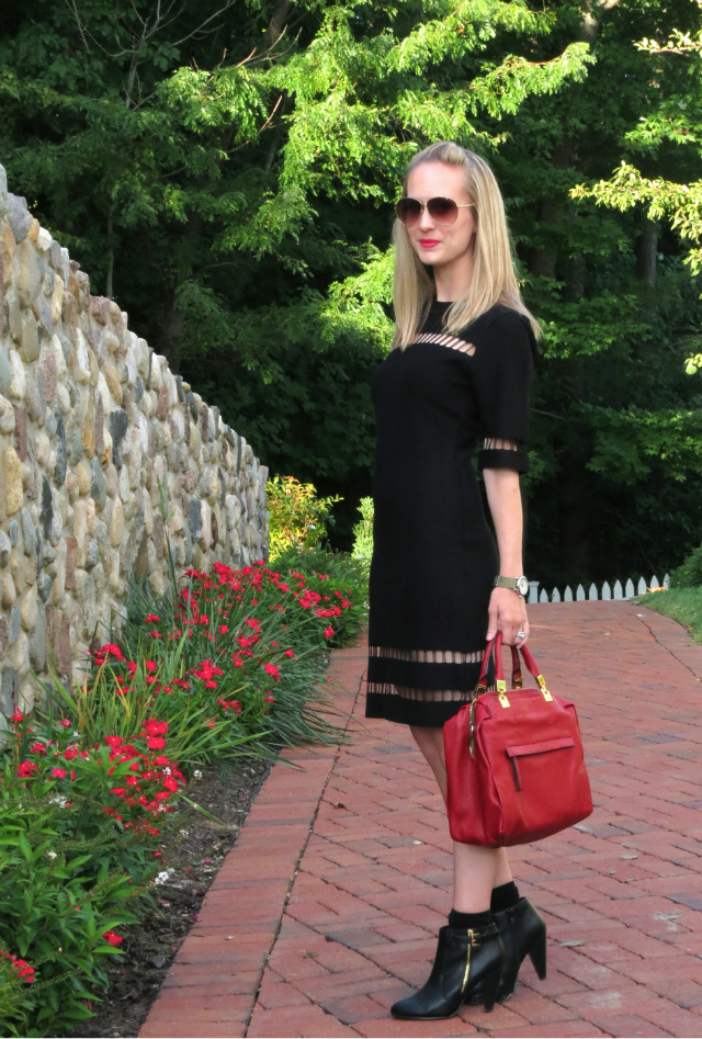 joa black sweater dress, red satchel, black ankle boots with socks