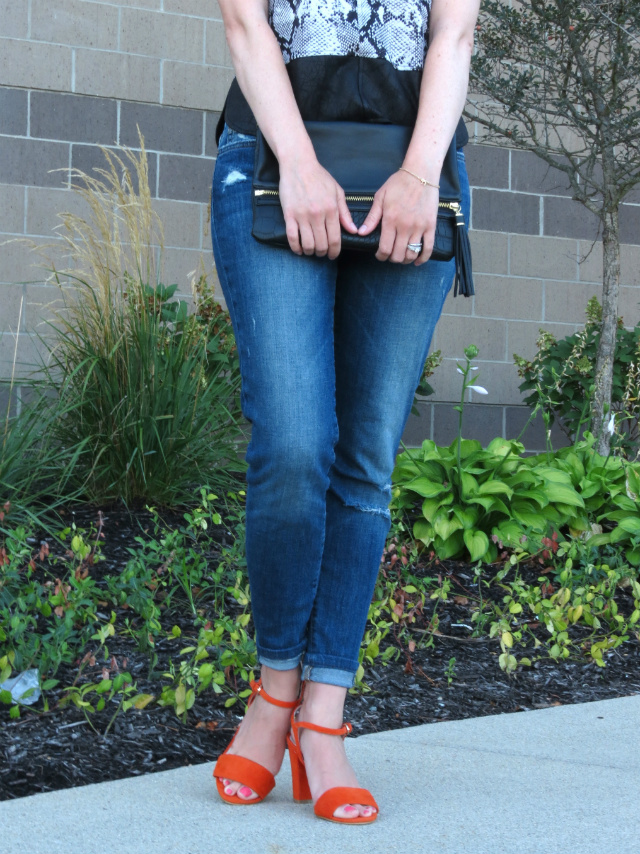 snake print top, clear statement necklace, shoemint orange sandals, le tote review