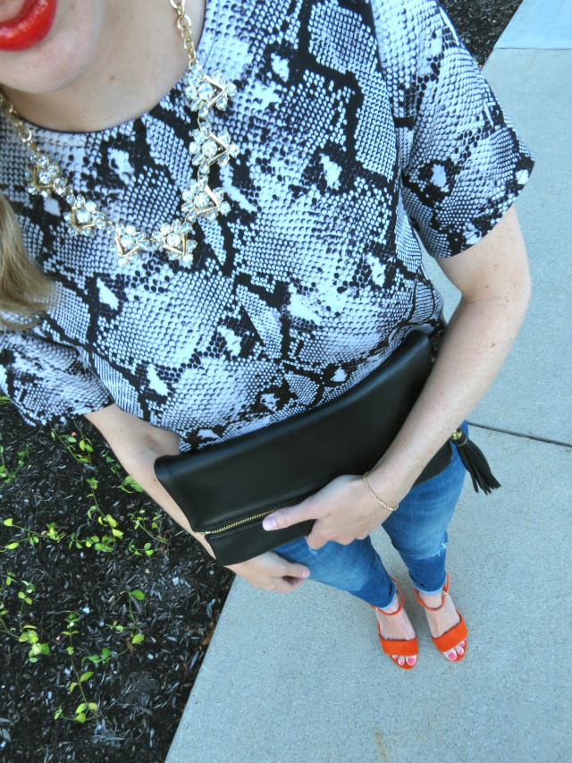 snake print top, clear statement necklace, shoemint orange sandals, le tote review