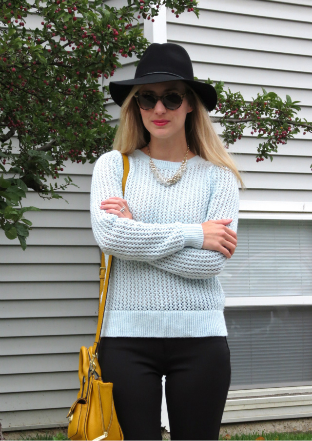 pale blue sweater, black ponte pants, via spiga leopard pumps, black felt hat, mustard bag