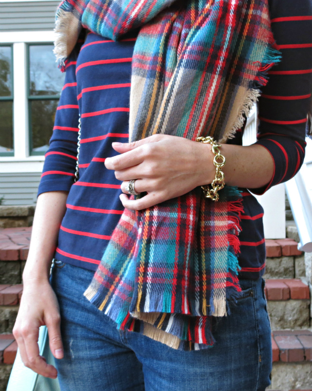 target oversized plaid scarf, navy striped tee, navy boat shoes