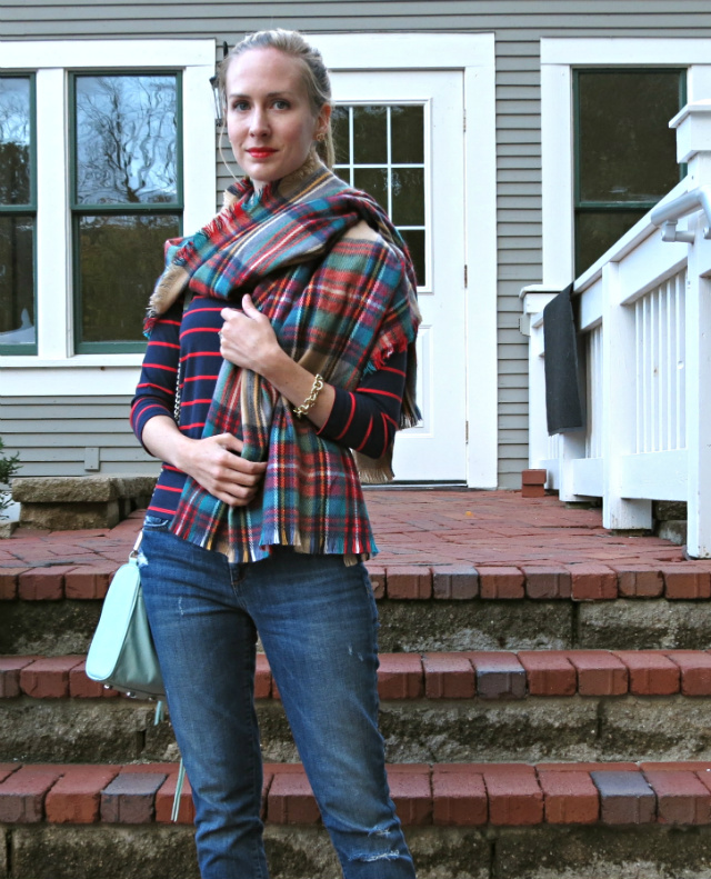 target oversized plaid scarf, navy striped tee, navy boat shoes