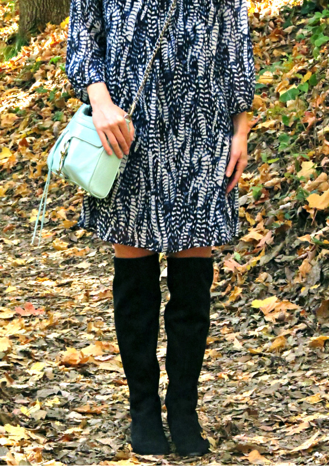 flowy print boho dress, over the knee boots, statement necklace, fall fashion, indianapolis