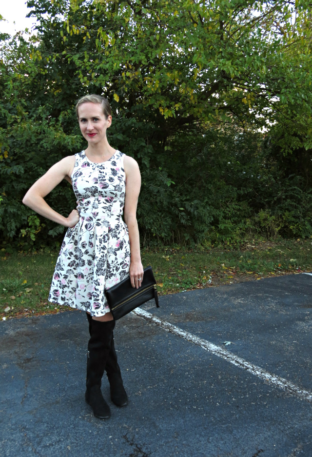 floral fit and flare dress, over the knee boots