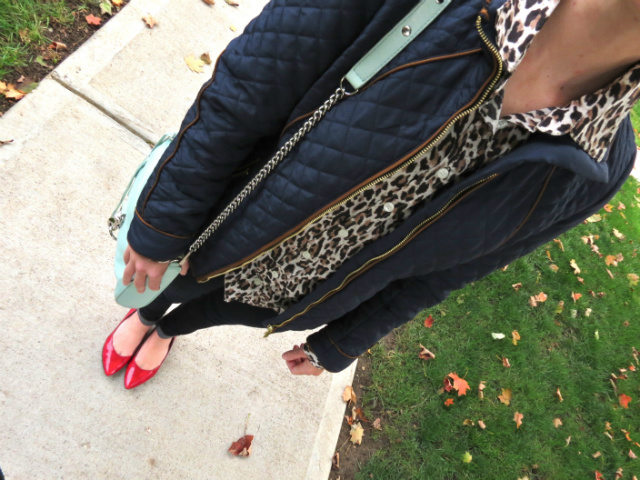 H&M quilted jacket, leopard oxford shirt, dark skinny jeans, red flats