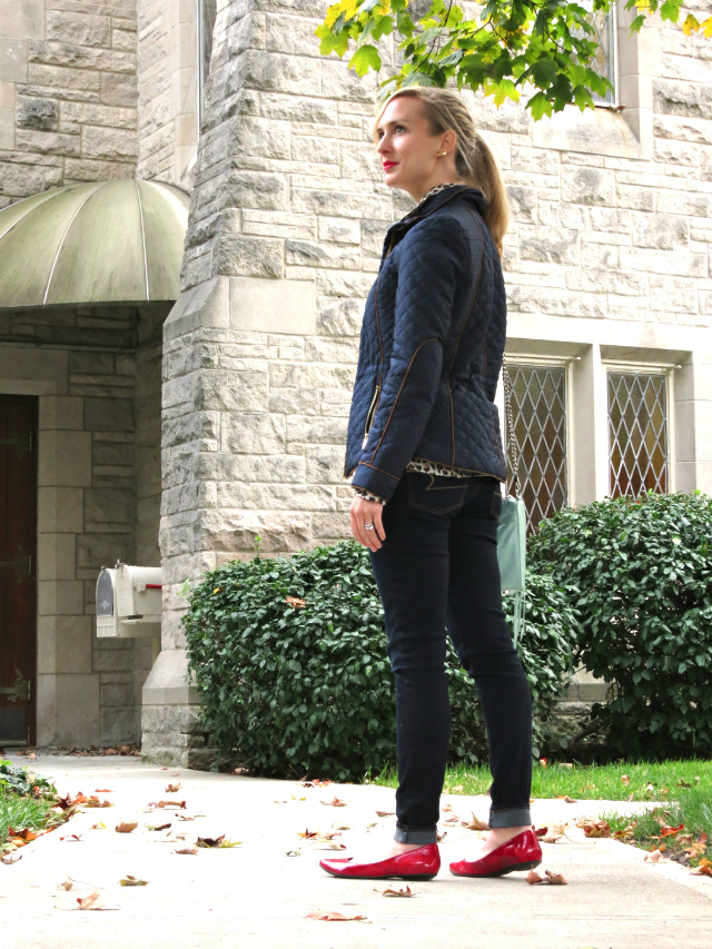 H&M quilted jacket, leopard oxford shirt, dark skinny jeans, red flats