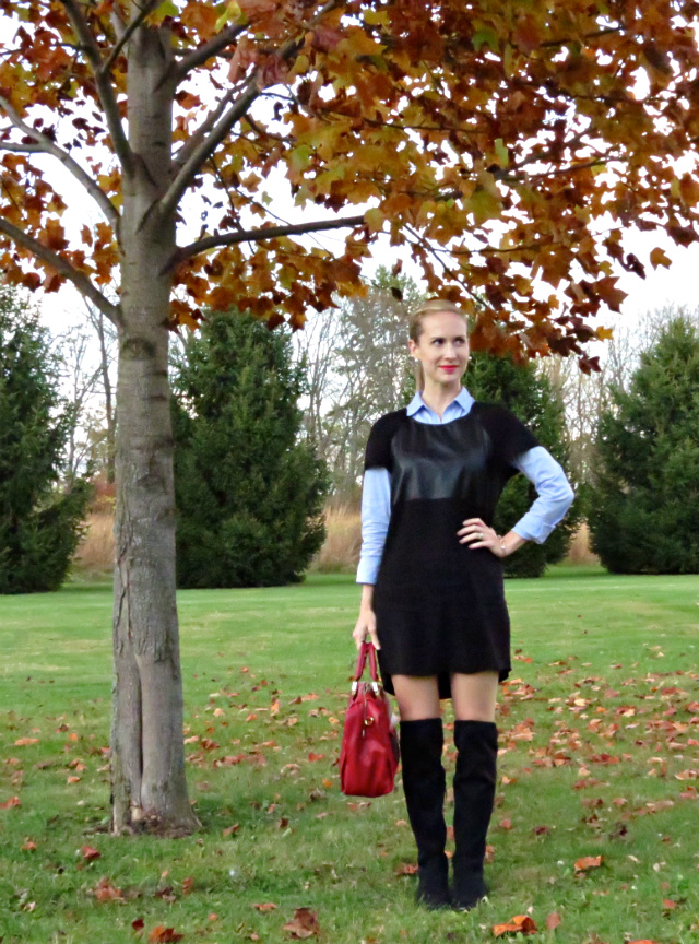 faux leather tunic layered over button up shirt, over the knee boots, rose gold jewelry