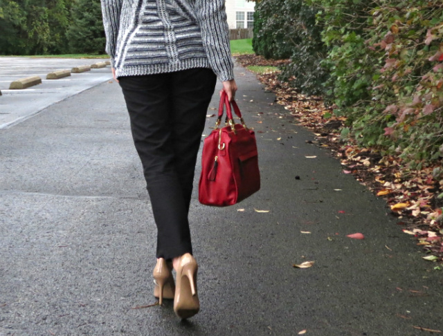 olive and oak sweater, cropped black pants, nude patent pumps, cluster pearl necklace, red satchel