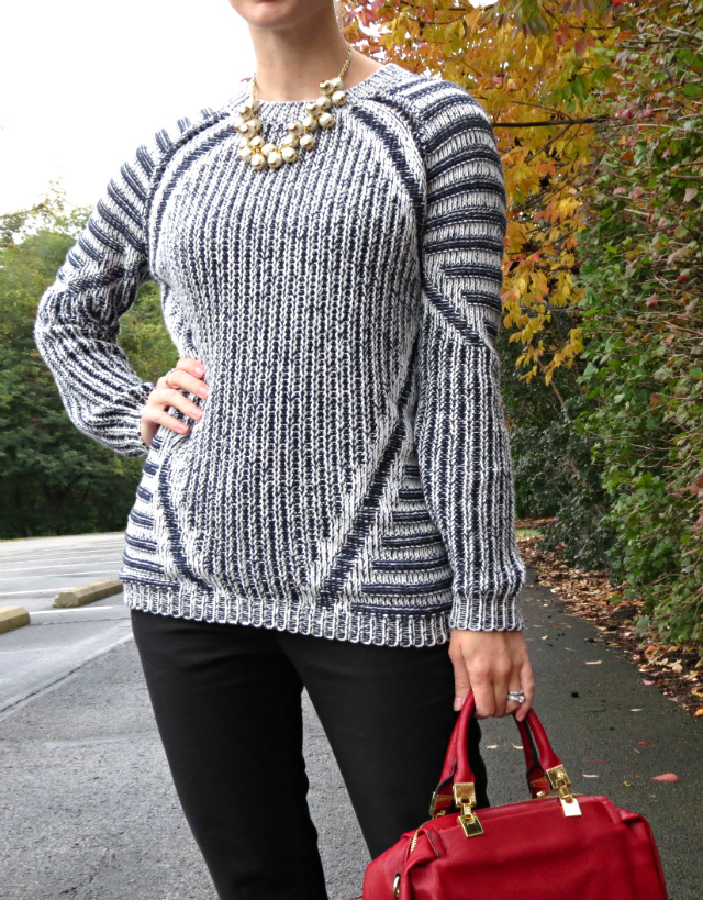 olive and oak sweater, cropped black pants, nude patent pumps, cluster pearl necklace, red satchel