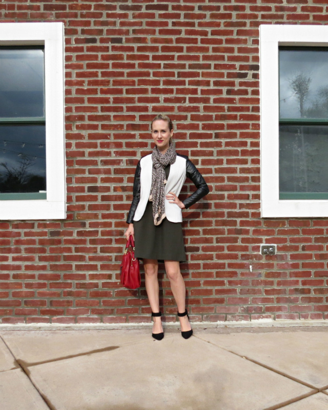 madewell olive dress, leather sleeve blazer, ankle strap kitten heels, cheetah scarf, red bag