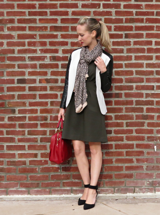 madewell olive dress, leather sleeve blazer, ankle strap kitten heels, cheetah scarf, red bag