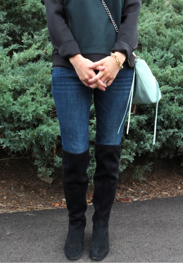 neoprene sweatshirt, over the knee suede boots, pink ray bans, black fall hat