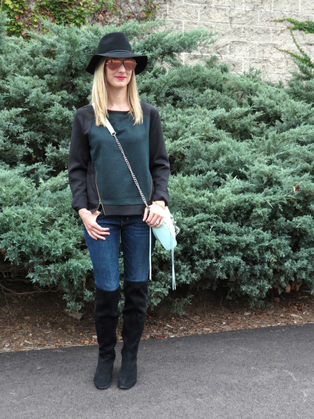 neoprene sweatshirt, over the knee suede boots, pink ray bans, black fall hat