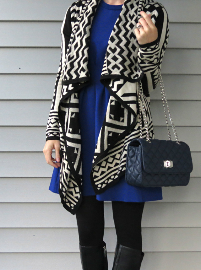 black and blue, geometric print sweater, navy plaid scarf, blanket scarf, cobalt blue dress, blue camo loafers