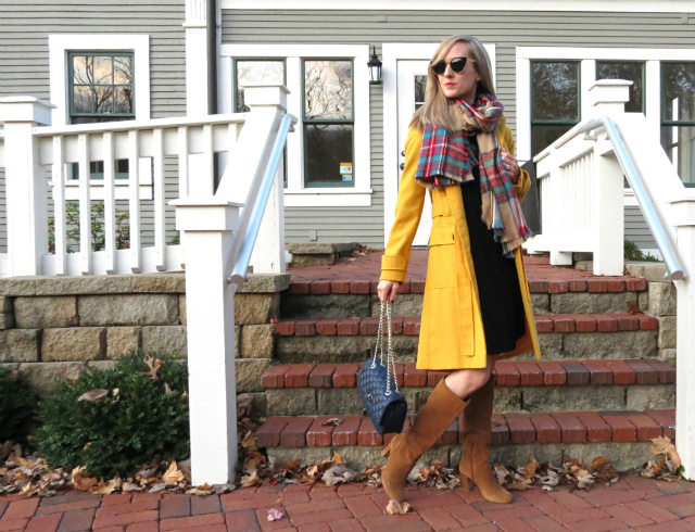yellow trench, black shirtdress, target plaid scarf, tan suede boots, navy quilted bag