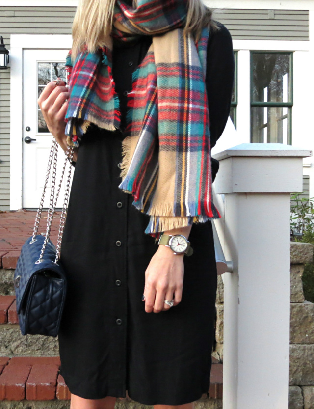 yellow trench, black shirtdress, target plaid scarf, tan suede boots, navy quilted bag