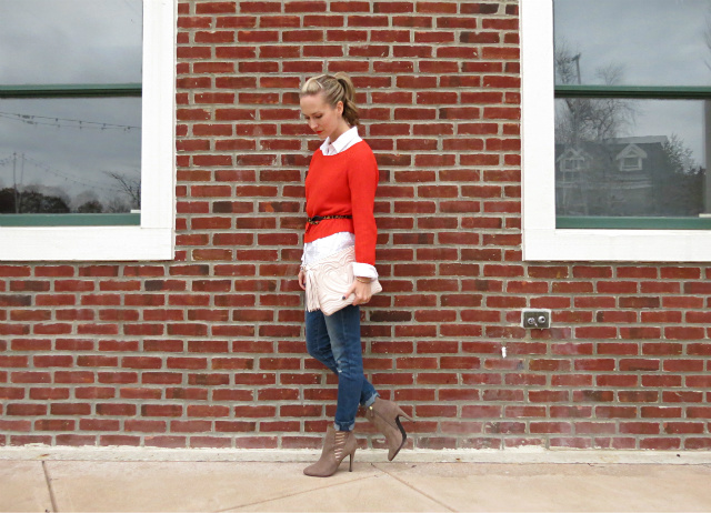 cropped sweater over white shirt, leopard belt, cutout ankle boots, blush oversized clutch